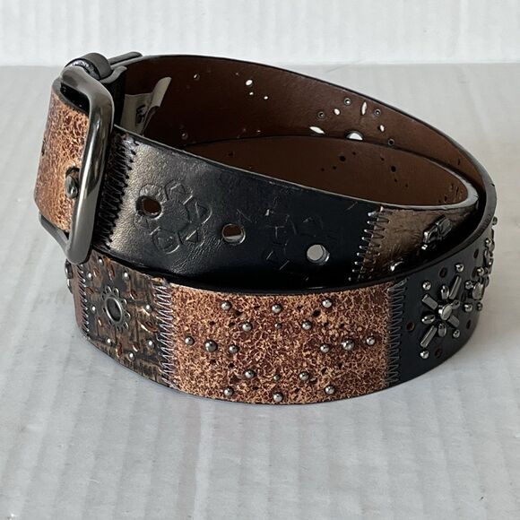 Y2K FOSSIL Leather Patchwork Belt  Small Floral Studded Tooled Western Vintage main image 12